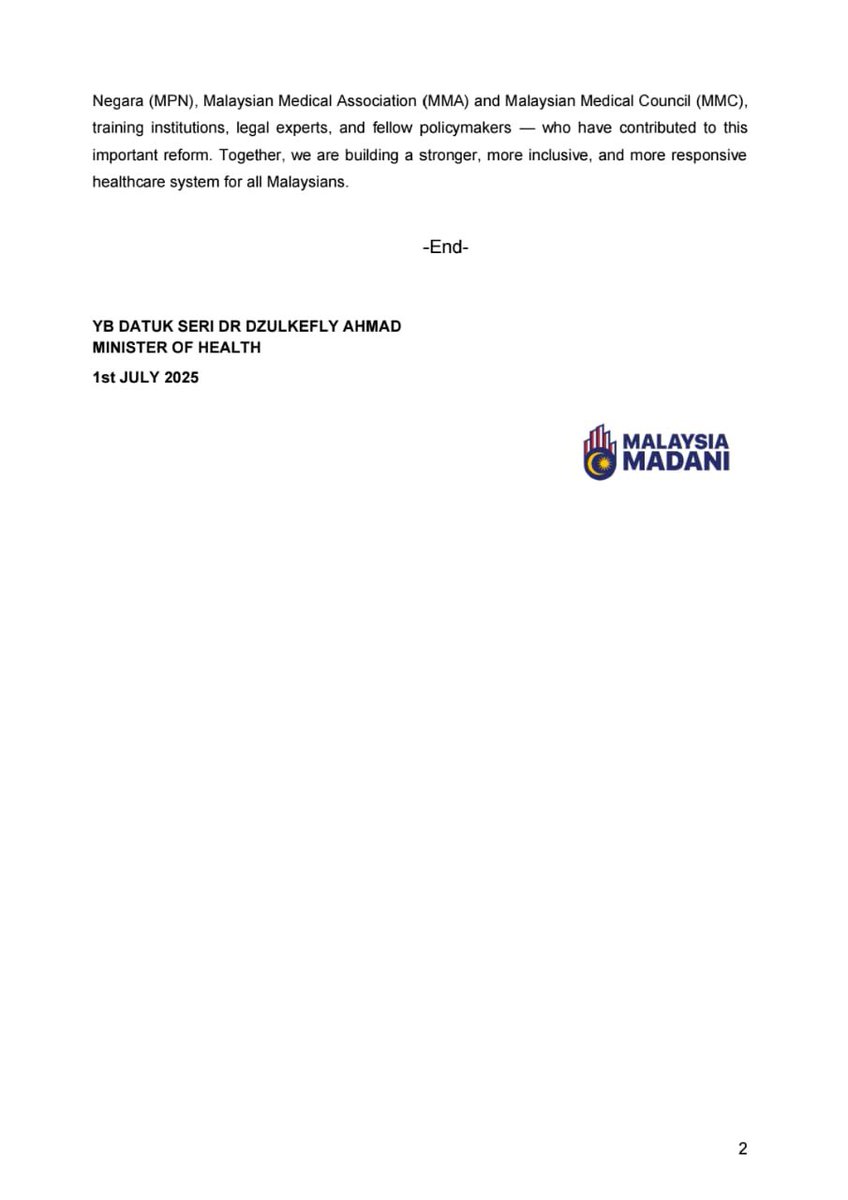 Salam 🇲🇾 MADANI ❤️

Good news, fellow Malaysians !

📍Beginning 1st July 2025, Malaysia’s new law for medical specialists is finally in action!

In simple terms —
✅ Doctors now have a clear, fair and legal way to become  Whether through local Master’s programmes or Parallel
