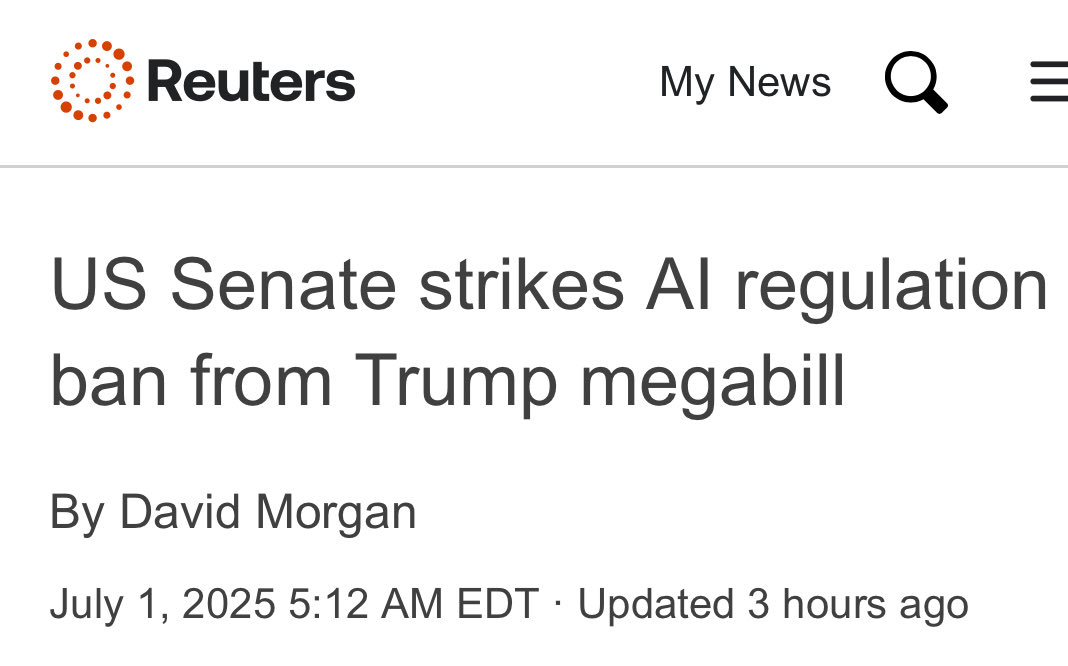 tegmark's tweet image. The Senate just voted 99-1 to drop the OpenAI/Google plan to ban state AI regulation for a decade. To my AI safety friends working there: why don't you openly criticize your companies for pushing this shit?