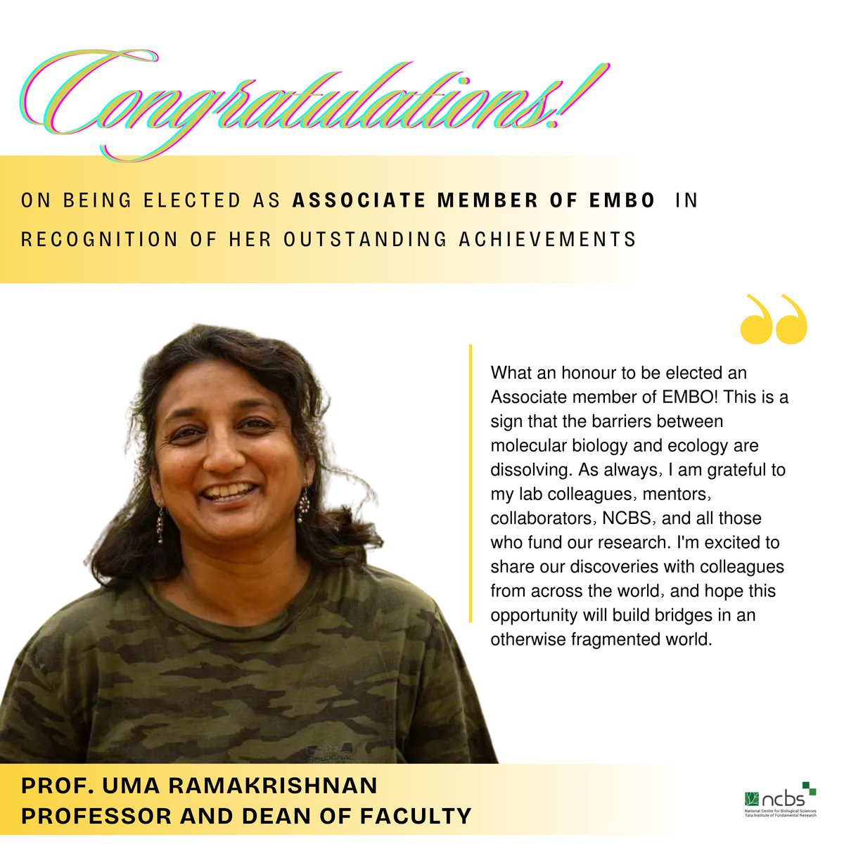 National Centre for Biological Sciences (@ncbs_bangalore) on Twitter photo 🎉We are very excited and proud to share that Prof. Uma Ramakrishnan, Professor at <a href="/NCBS_Bangalore/">National Centre for Biological Sciences</a>, has been elected as an Associate Member of <a href="/EMBO/">EMBO</a> !
🌟Congratulations Prof. <a href="/uramakri/">Uma Ramakrishnan</a> !
🔗embo.org/press-releases…
#EMBOMembers2025 🎉We are very excited and proud to share that Prof. Uma Ramakrishnan, Professor at <a href="/NCBS_Bangalore/">National Centre for Biological Sciences</a>, has been elected as an Associate Member of <a href="/EMBO/">EMBO</a> !
🌟Congratulations Prof. <a href="/uramakri/">Uma Ramakrishnan</a> !
🔗embo.org/press-releases…
#EMBOMembers2025