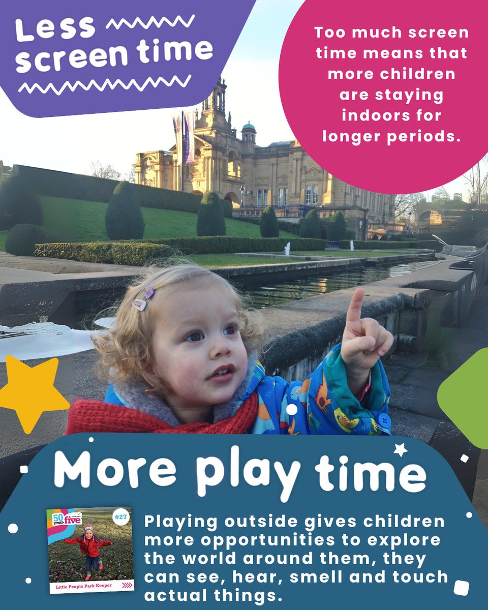 50TTDBradford's tweet image. More screen time often means children are spending more time indoors 🏠. 
Playing outside gives them the chance to explore the world around them, touching, seeing, and hearing real things! #LessScreenTimeMorePlayTime