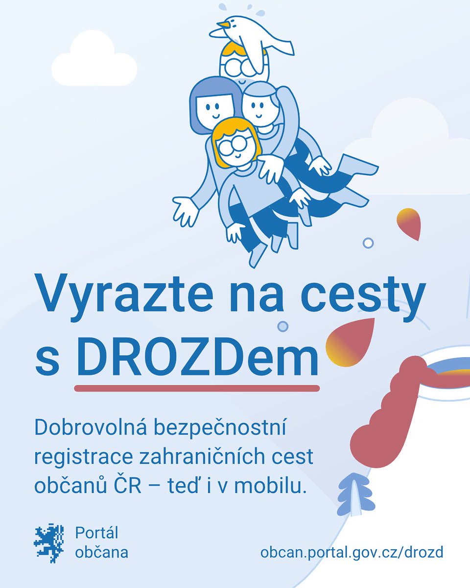 (1/2)
🌍✈️ Cestujete do zahraničí?
Díky službě DROZD teď můžete jednoduše dostávat aktuální upozornění k vaší cestě a pobytu přímo v mobilu.

Nově je DROZD součástí aplikace Portál občana – stačí si ji stáhnout do telefonu.