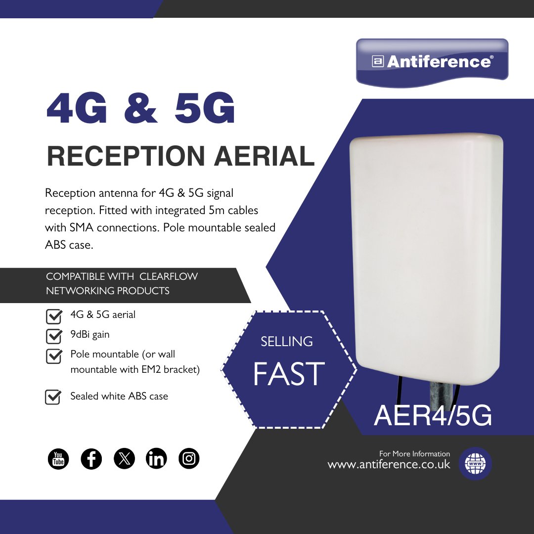 📶 The AER 4/5G aerial is flying off the shelves!

Built to receive 4G &amp; 5G signals, it’s the go-to for installers boosting mobile data reception.

📲 Get your order in: 
antiference.co.uk/product/4g-5g-…

#Antiference #4G5G #ReceptionAerial #Connectivity