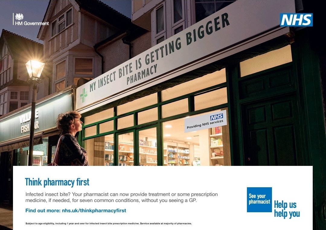 Infected insect bite? If needed, your pharmacist can now provide some prescription medicine without seeing a GP.

Think pharmacy first.

nhs.uk/thinkpharmacyf…

#pharmacy #pharmacyfirst #insectbites