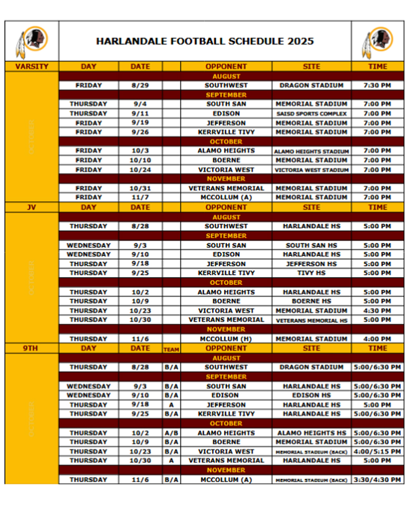 The 2025 Harlandale Football Schedule is out.
HISD link: tinyurl.com/urz7nxbp

Also, we keep a Warpath Google Calendar (tinyurl.com/mbbch5p2) that you might find useful. Bookmark it. Integrate it. Subscribe to it.