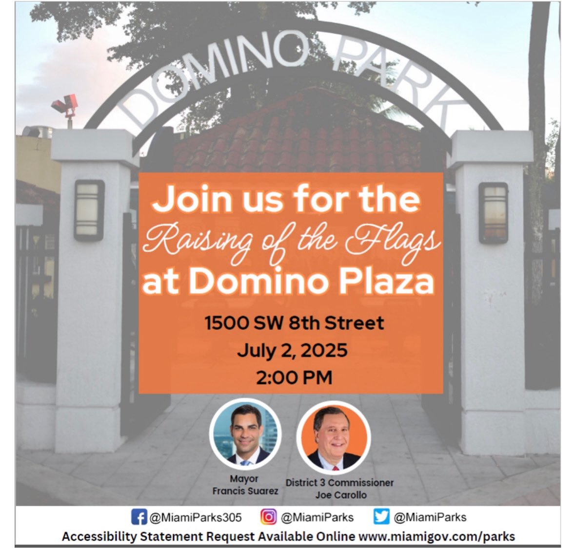 Miami Parks (@miamiparks) on Twitter photo Join us along with @joecarollonow for the Raising of the Flags at 📍Domino Plaza tomorrow at 2:00PM! We look forward to seeing you! 🎉
#MiamiParks #CityofMiamiParks
#CityofMiami #Miami #Parks #Recreation #ParksandRecreation #ParksandRec <a href="/CityofMiami/">City of Miami</a> Join us along with @joecarollonow for the Raising of the Flags at 📍Domino Plaza tomorrow at 2:00PM! We look forward to seeing you! 🎉
#MiamiParks #CityofMiamiParks
#CityofMiami #Miami #Parks #Recreation #ParksandRecreation #ParksandRec <a href="/CityofMiami/">City of Miami</a>