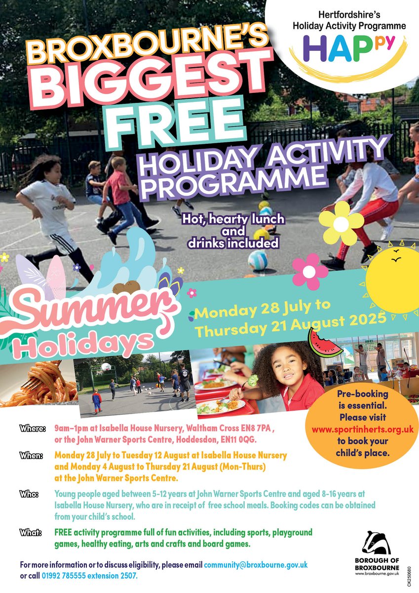 Our amazing HAPpy Summer Programme is right around the corner!🎯 

To discuss eligibility - please email community@broxbourne.gov.uk or call 01992 785555 extension 2507. 

#summer #fun #holiday #getinvolved