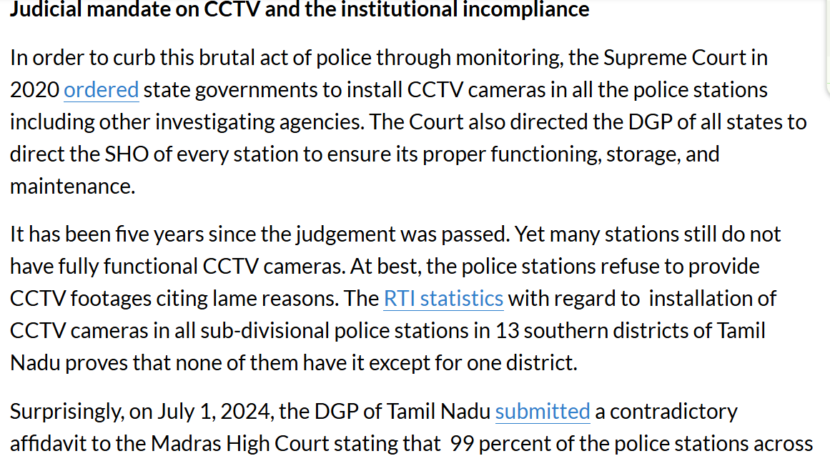 CCTVs at all Stations,Connectivity to Centralised Control room,frequent sensitivity training to police personnel &amp; reducing their workload will reduce Custodial Death &amp; Torture to certain extent. SC ordered for CCTVs in 2020 itself  and DGP in court said 99% stations have CCTV