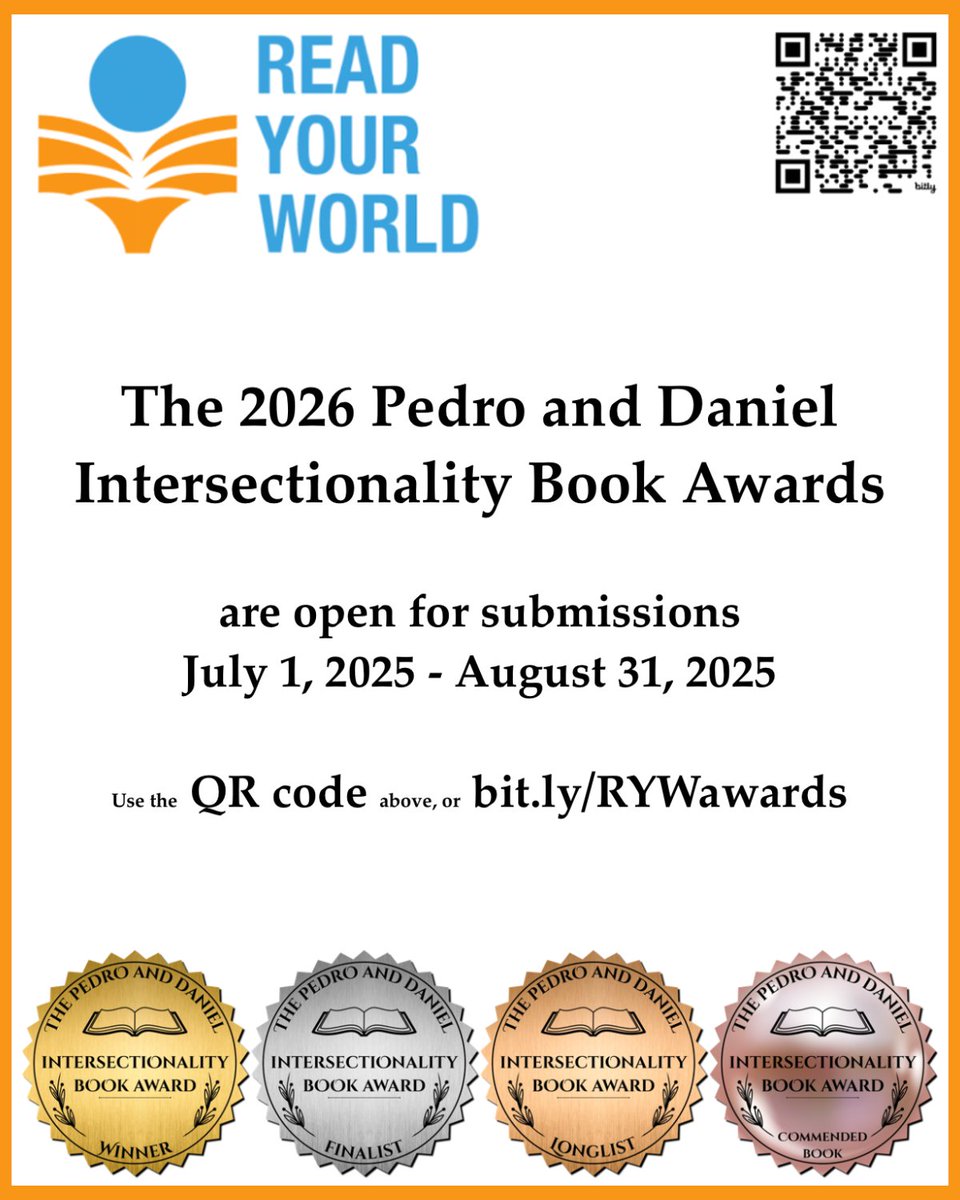FedericoErebia | PEDRO&DANIEL (@federicoerebia) on Twitter photo The 2026 Pedro and Daniel Intersectionality Book Awards are open for submissions through 8/31/25.
Two $1500 prizes.
Traditionally Published / Intersectional Protagonist.
For details: bit.ly/RYWawards
<a href="/MCChildsBookDay/">ReadYourWorld</a> #PADIBA #PADIBA2026 #Intersectionality The 2026 Pedro and Daniel Intersectionality Book Awards are open for submissions through 8/31/25.
Two $1500 prizes.
Traditionally Published / Intersectional Protagonist.
For details: bit.ly/RYWawards
<a href="/MCChildsBookDay/">ReadYourWorld</a> #PADIBA #PADIBA2026 #Intersectionality