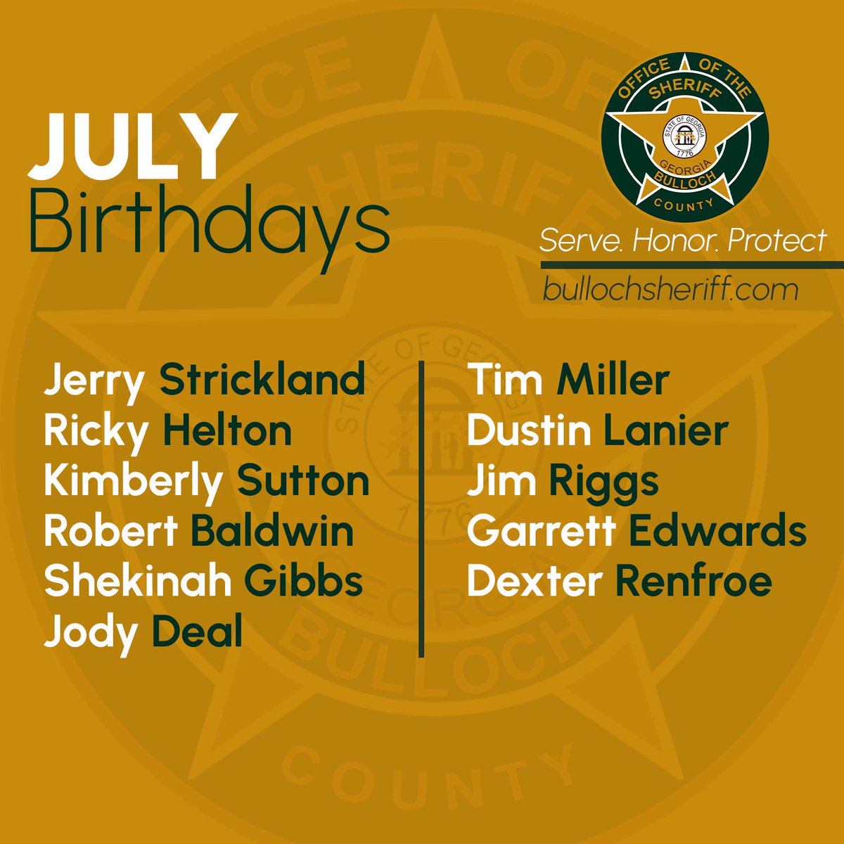 BullochSheriffs's tweet image. Happy birthday to all of our July people! We hope you each have a great day whenever it arrives! 🥳

#BCSO
#BullochCountySheriffsOffice