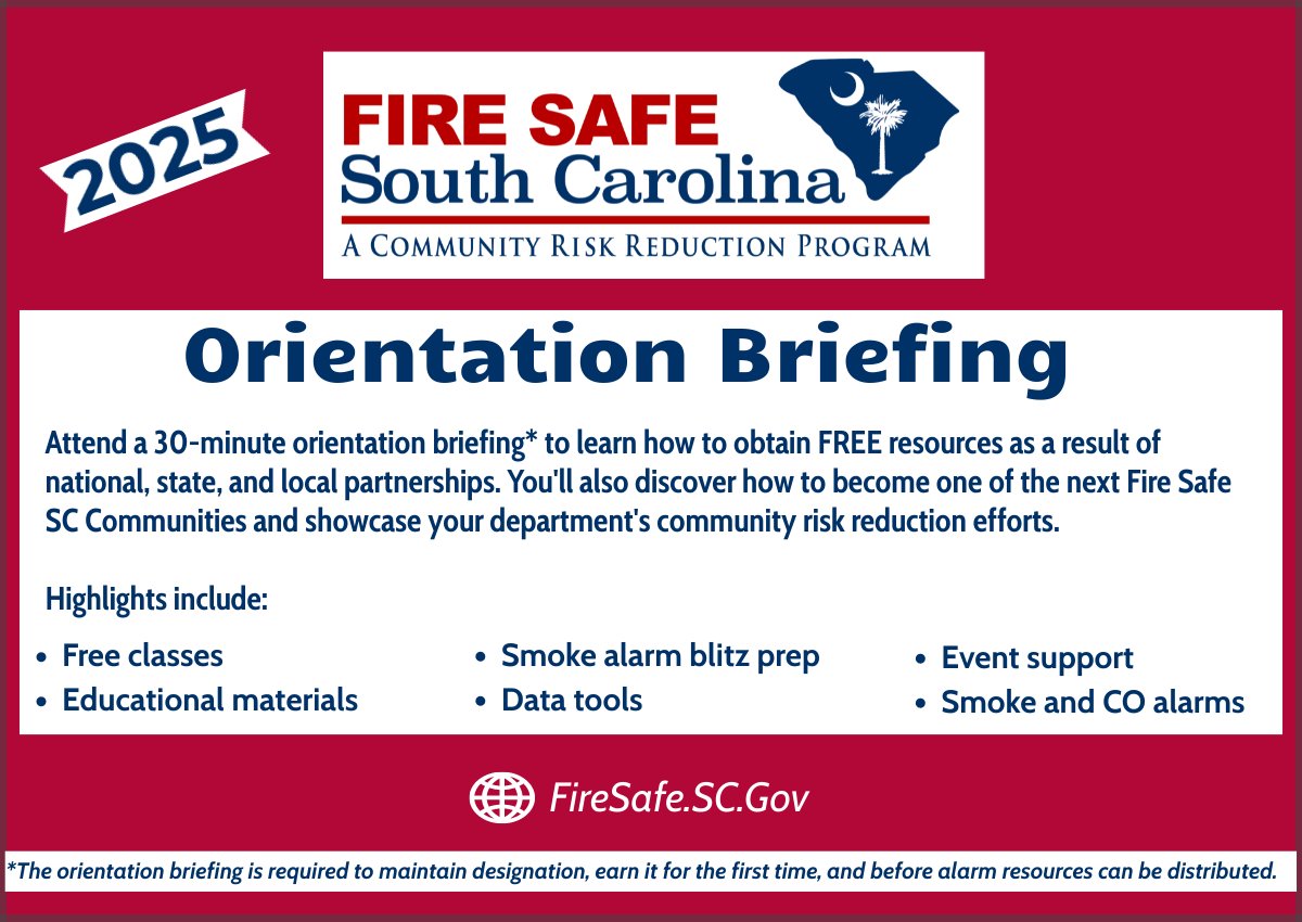 SCStateFire's tweet image. Join us for FREE Fire Safe SC Orientation Briefings this month! 
*Mandatory to maintain/earn designation.

Pick one: 
Tuesday, July 8 at 2 p.m.
Thursday, July 24 at 11 a.m.

 #FireSafeSC Visit: firesafe.sc.gov/docs/Orientati…