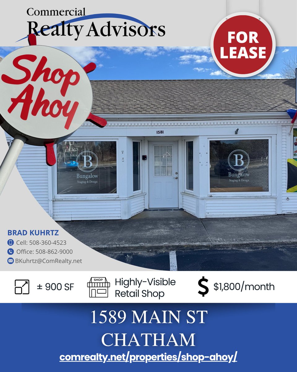 ComRealtyNet's tweet image. 🌟 Now Leasing in Iconic Shop Ahoy Plaza! 🌟

±900 SF of prime retail space
🚗 Great Route 28 visibility
🪧 Excellent signage opportunity
💲 $1,800/month + utilities &amp;amp; shared expenses
📍 1589 Main Street – Between the rotaries in West Chatham!

#ChathamMA #RetailForLease