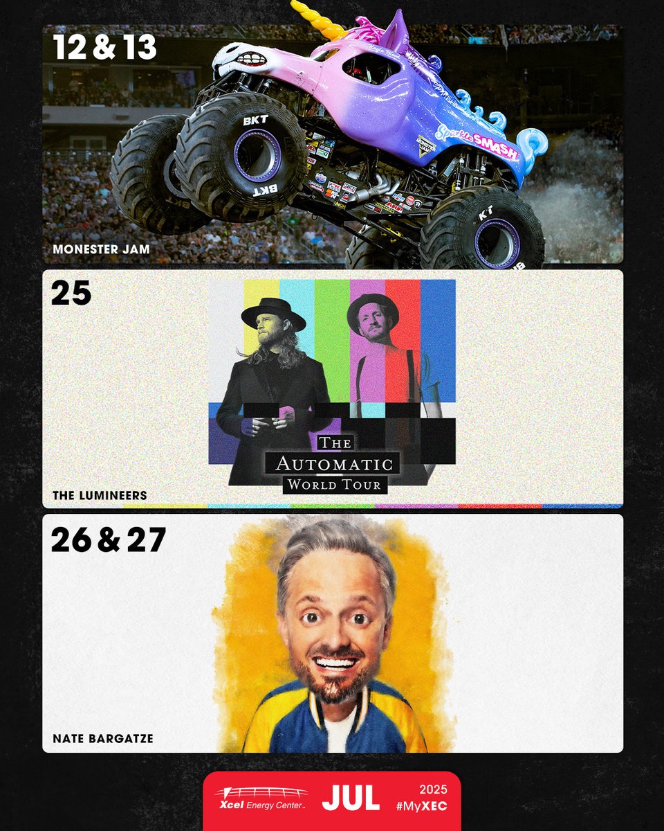 XcelEnergyCtr's tweet image. Comedians and
concerts and
MONSTER TRUCKS-
OH MY 😲
Get ready for #MyXEC in July 😎