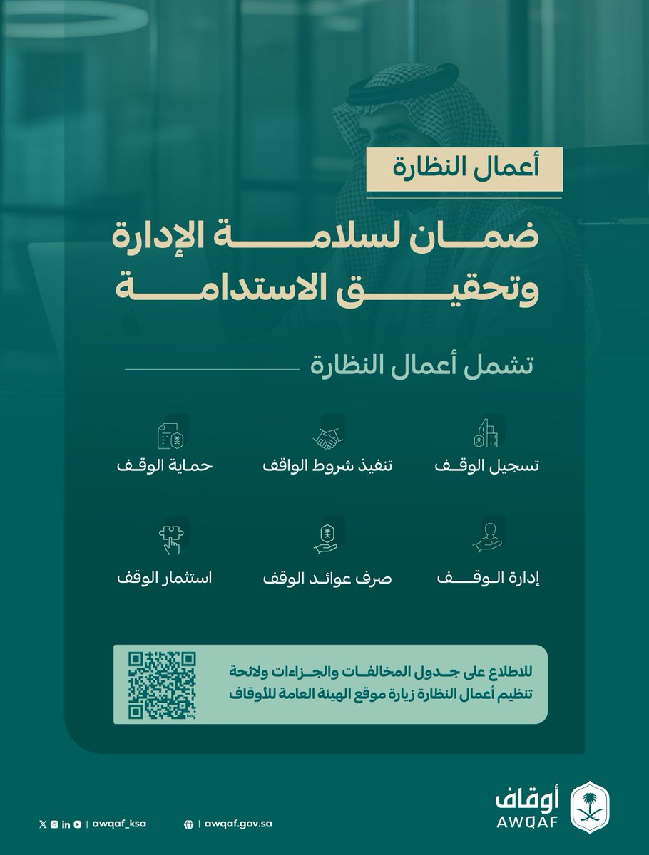 AWQAF_KSA's tweet image. الناظر شريك في المسؤولية، وصانع للأثر، تعرف على أعمال النظارة التي تضمن سلامة الإدارة، وتنمية الموارد، وتحقيق مقاصد الوقف.
#الهيئة_العامة_للأوقاف