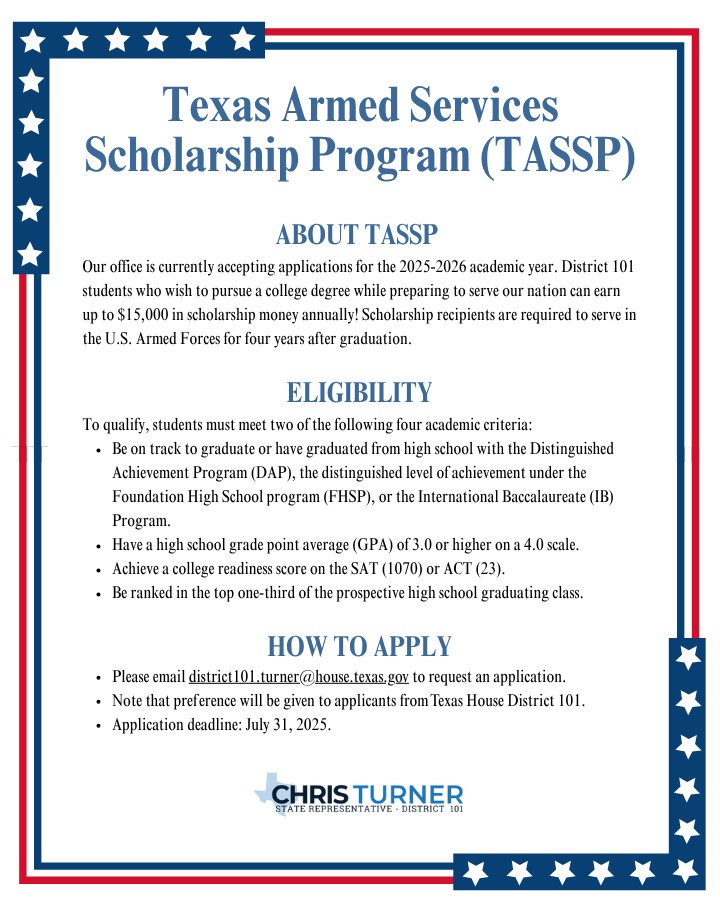 ChrisGTurner's tweet image. Attention, District 101 students! The Texas Armed Services Scholarship Program (#TASSP) is accepting applications for the 2025-2026 academic year!

Earn up to $15,000 annually while preparing to serve our nation. Don’t miss out! Apply by July 31, 2025. #Scholarships