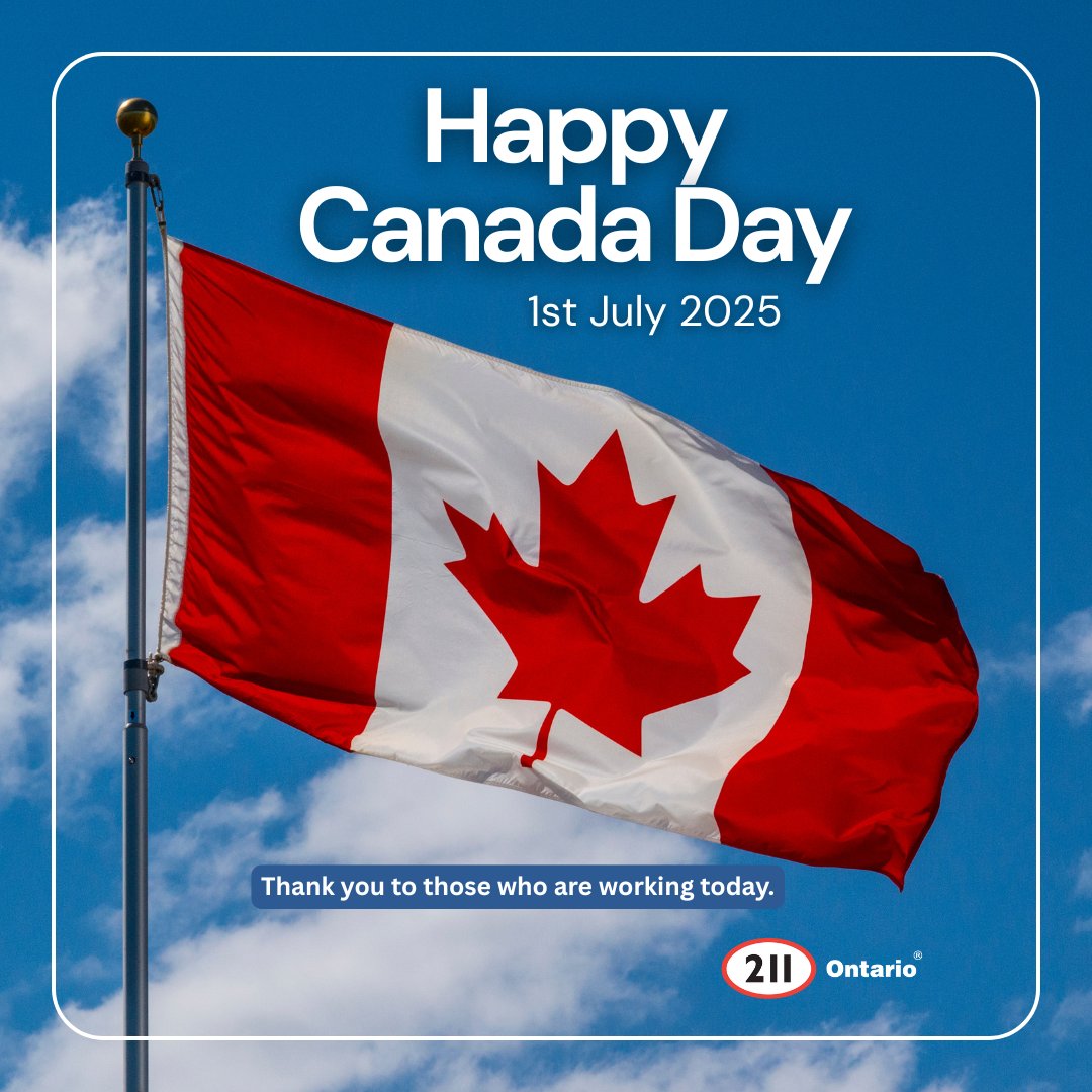 Happy Canada Day! 🇨🇦 
Today we celebrate our country and we thank those working to keep services running. 
211 is always here. 24/7. Free. Confidential. 
 #CanadaDay #211Ontario