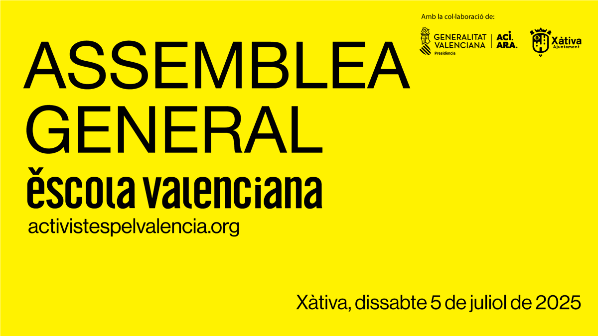 Les activistes d'Escola Valenciana tenim una cita aquest dissabte a Xàtiva 💛

El pròxim 5 de juliol es celebra la nostra Jornada d'Estiu, un espai on parlar, acordar i encoratjar-nos.

📝 Recorda! Has d'acreditar-te i dur el teu carnet d'activista!