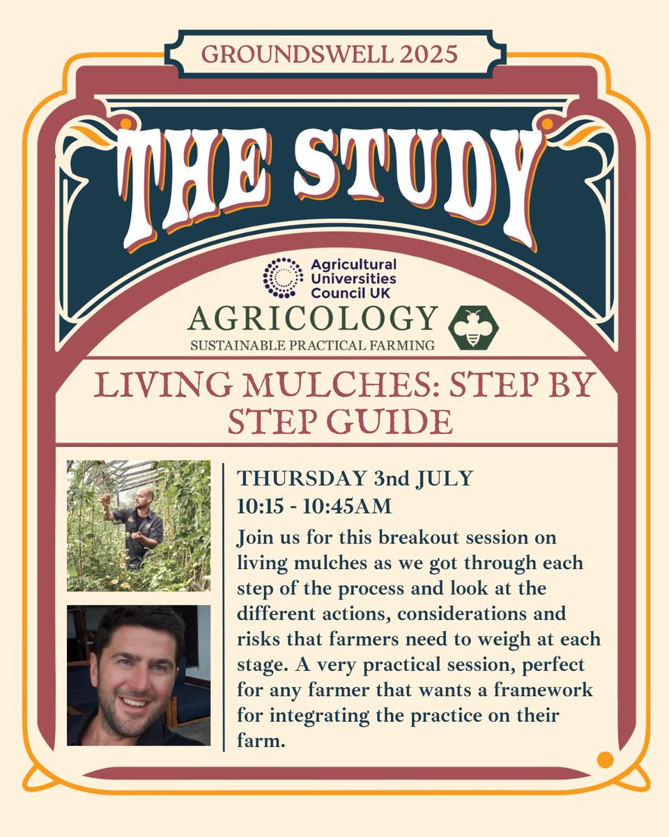 🎪Join us at #Groundswell25 - Agricology sessions at The Study 🐝

3️⃣ Tackling perennial weeds in low-input systems 🌿
📍Wed 3:15pm
<a href="/lynntatnell1/">Lynn Tatnell</a> <a href="/ADASGroup/">ADAS</a> <a href="/OPER8_EU/">OPER8</a> 

4️⃣ Step-by-step into #livingmulches 🌱
📍Thurs 10:15am
<a href="/Matt3ngland/">Matt England</a>