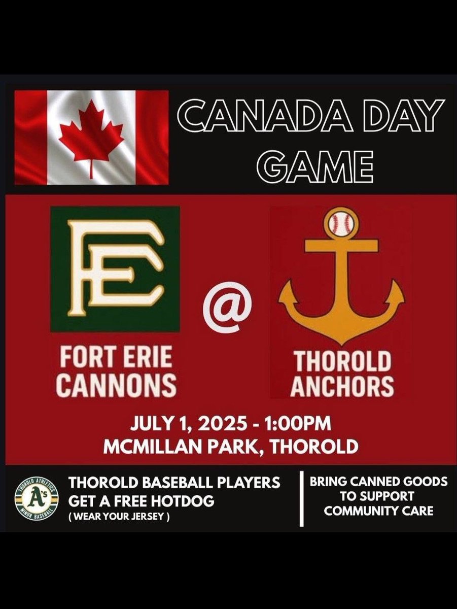 ThoroldAnchors's tweet image. Good Morning Thorold!

Our game is still on for today! 1:00pm first pitch at McMillan Park

Calling all Thorold Minor Baseball players! Wear your jersey to the park and get a FREE Hot Dog! 

Bring a non perishable food item to donate to Community Care for your chance to win!