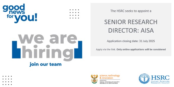 The HSRC seeks to appoint a suitably qualified professional in the position of Senior Research Director. 

APPLY NOW: loom.ly/iGrnCV4

Applications close 31 July 2025