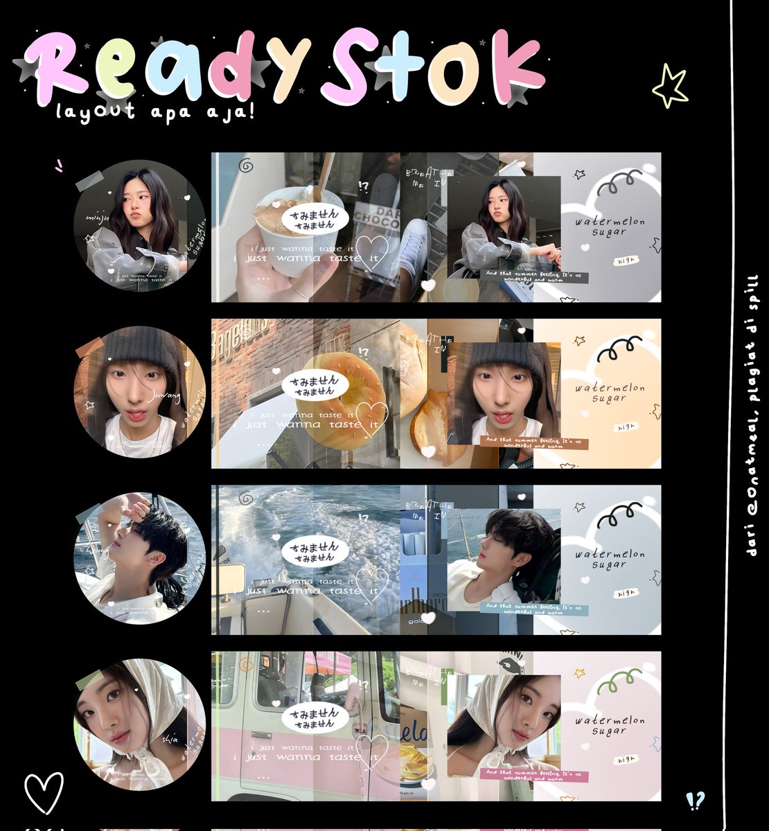 retweet are appreciated!!

hayie, kembali bersama onat yang membawa 16 rs alias ready stock layout wamidaw yang bisa di take dari sekarang!! yang mau jajan boleh dm mau yg mana yaa, bisa riteks nama!! makaci <3

#zonauang