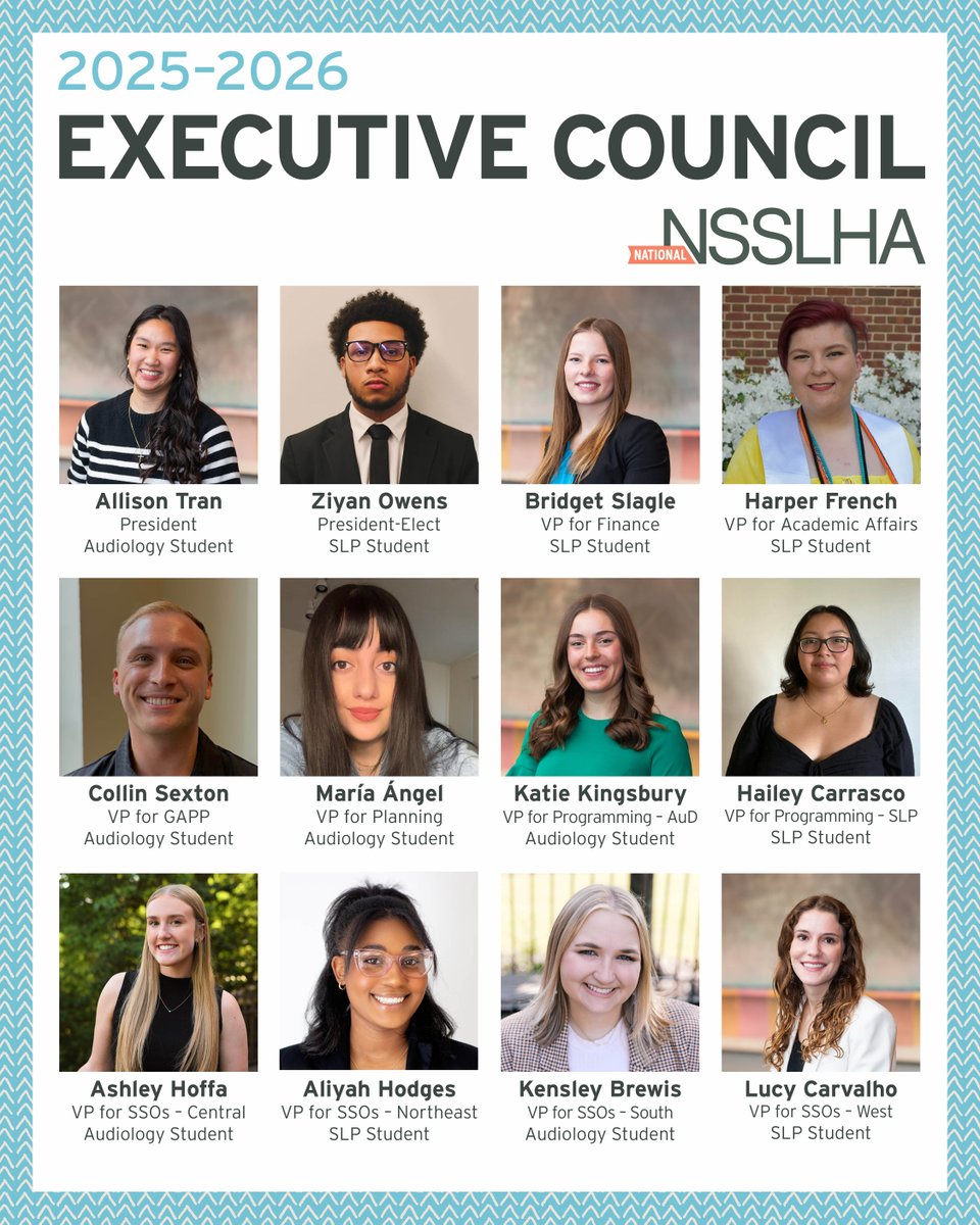 NSSLHA's tweet image. 👋 Say hello to National NSSLHA’s 2025–2026 Executive Council!
This group of student leaders drives the direction of National NSSLHA—from shaping our programs to creating our Strategic Plan.
Have questions or ideas? Don’t hesitate to reach out: on.asha.org/3OZmdeG