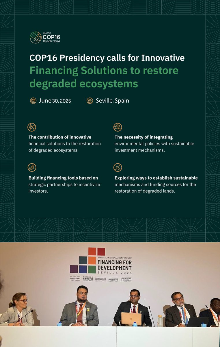 Cop16Riyadh's tweet image. The Presidency of COP16 called for the development of innovative financing solutions to restore degraded ecosystems and for discussions on ways to enhance sustainable mechanisms and sources for financing land restoration.
#COP16Riyadh