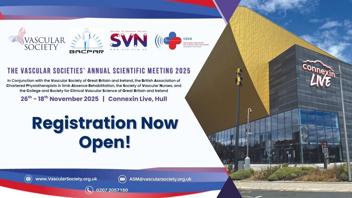 VSGBI's tweet image. Registration now open for the Vascular Societies&apos; Annual Scientific Meeting!
🗓️ 26th-28th November 
📍Connexin Live, Hull
⏰Early-Bird Deadline - Midnight, 29th Sept
📄Abstract Deadline - 9am, 21st July
 💻Visit vascularsociety.org.uk 
@svtgbi @vascularnurses @BACPAR_official
