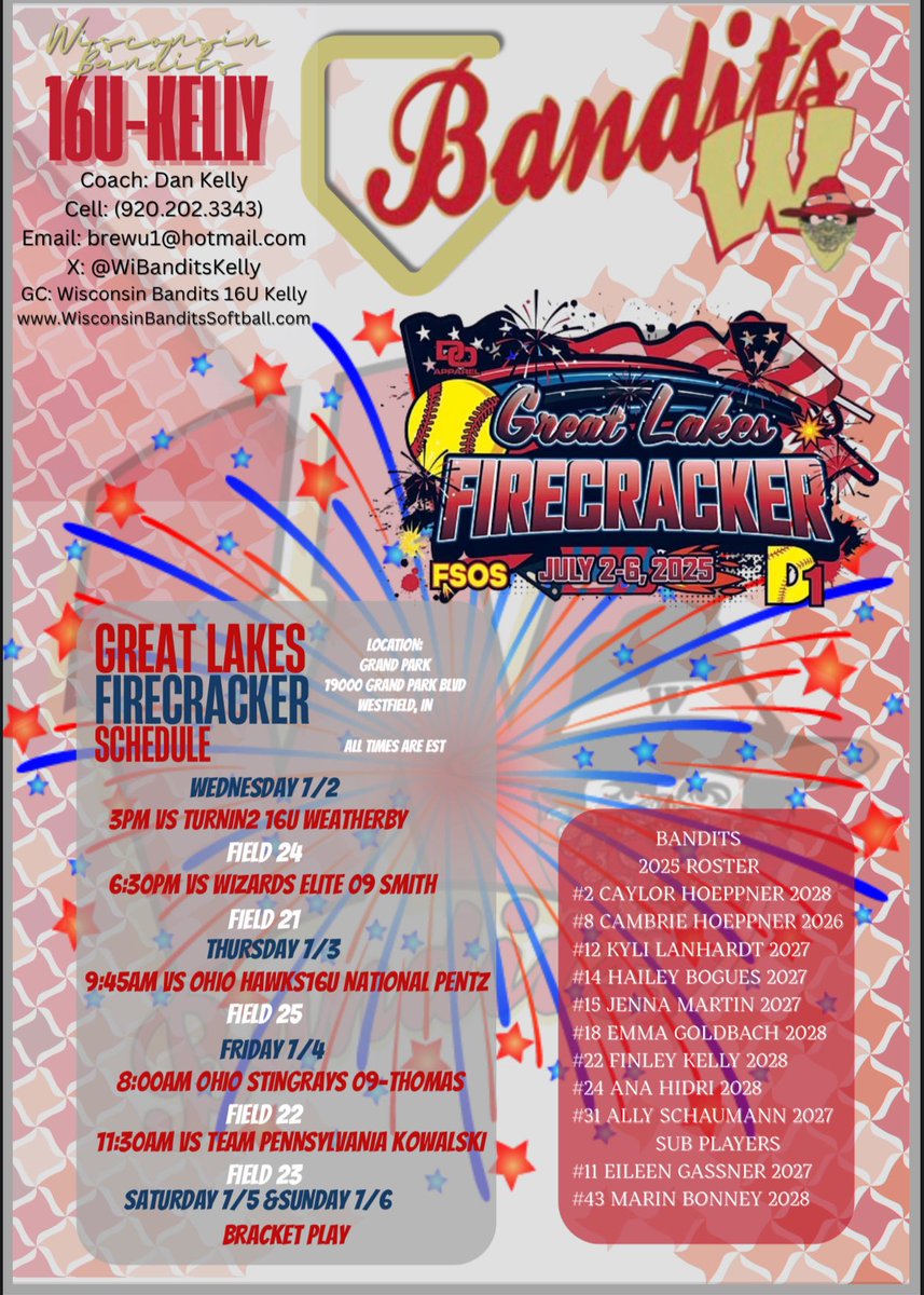 Wisconsin Bandits 16U-Kelly will be in Indiana this week at the Great Lakes Firecracker. Check out our schedule 👇