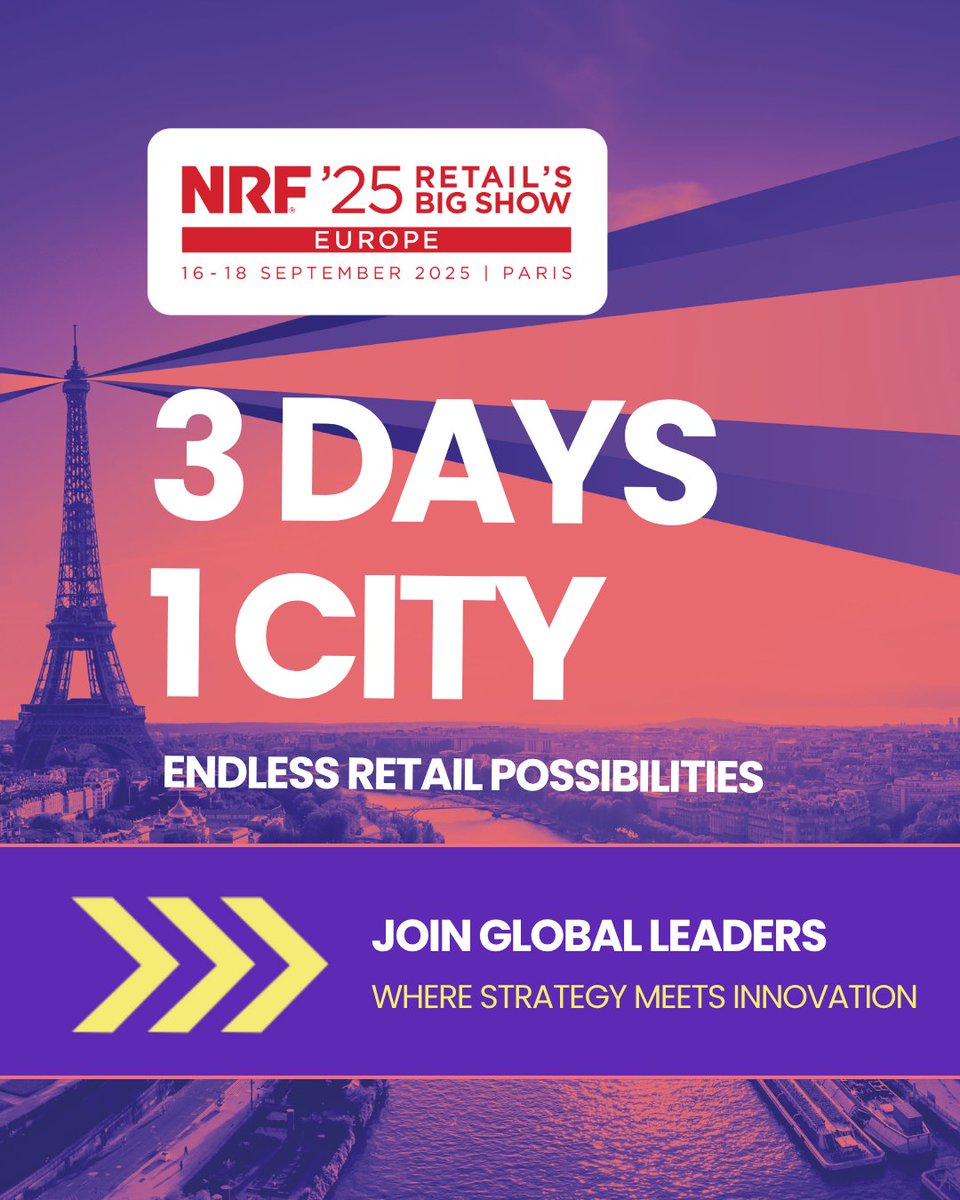 🌍 A new chapter for retail is opening in Paris.

NRF 2025: Retail’s Big Show Europe lands this September — with top leaders, bold ideas, and real connections.

📍 Paris Expo Porte de Versailles

🎟️ Get your pass → bit.ly/3GXzrtu

#NRFRetailsBigShowEurope