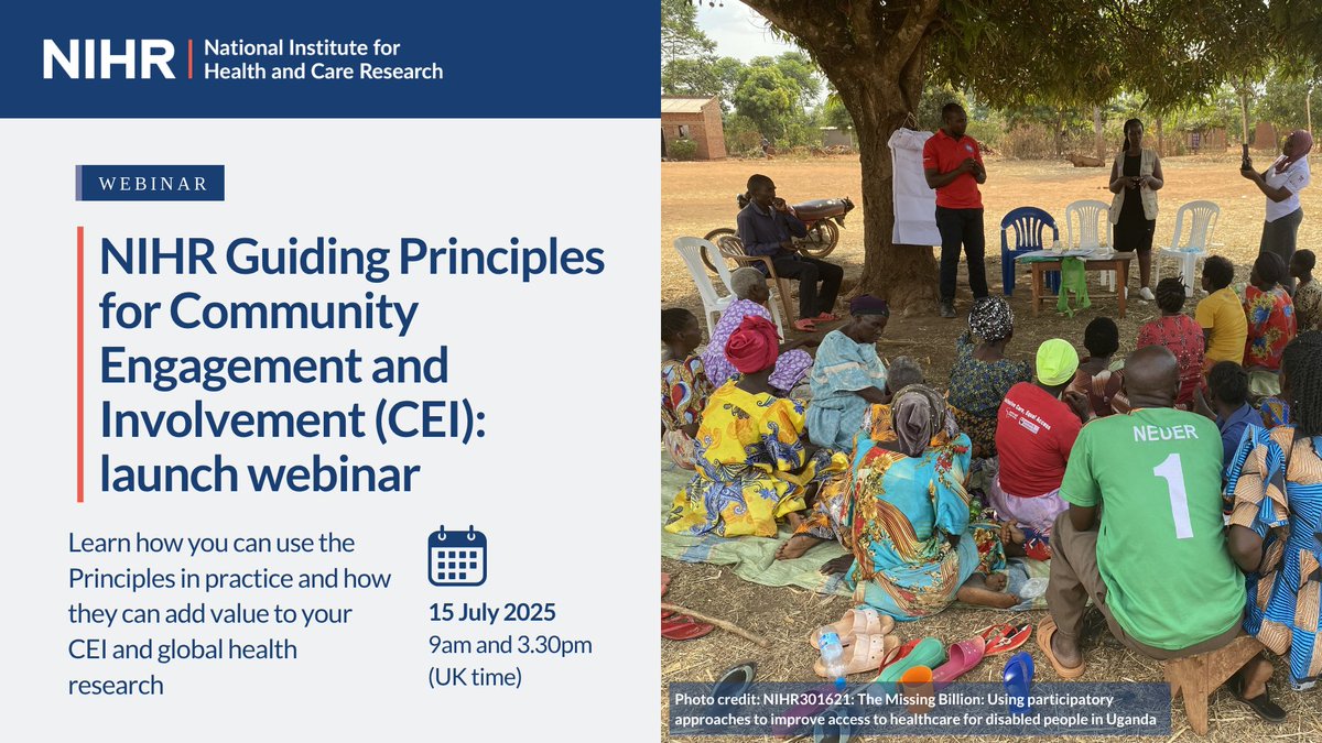 Learn about our Guiding Principles for Community Engagement and Involvement (CEI) at the launch webinar on 15 July.

CEI teams in Africa, Asia and South America will showcase their experiences and learnings from using the principles in practice.

Register: nihr.ac.uk/research-fundi…