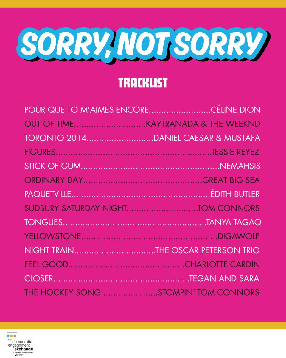 TheExchange_TMU's tweet image. Living in this place we call Canada means many things to many people. That's why we made Sorry Not Sorry, a Canadian Mixtape, to capture the diverse voices that have sung in and about this place: open.spotify.com/playlist/2CQhk…