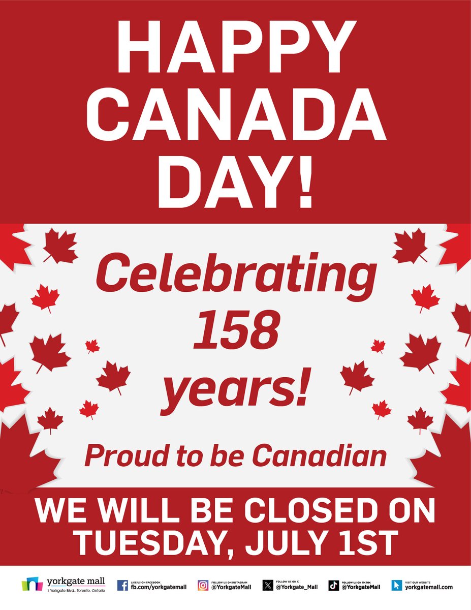 Happy Canada Day!  🇨🇦 

Have a safe and happy Canada Day celebration, eh!  🇨🇦

#YorkgateMall #Canada #happycanadaday #fireworks #July #Family #Fun #Summer #SummerVibes