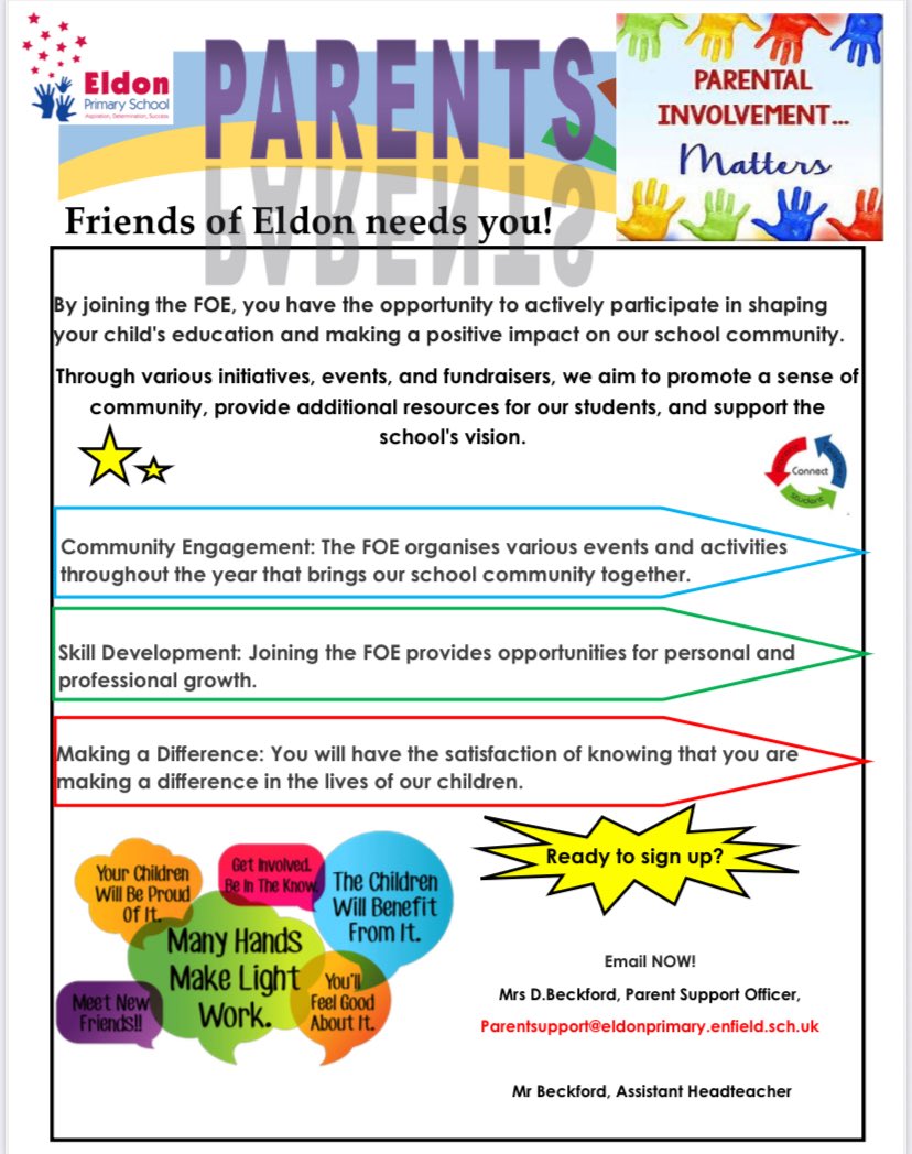 Friends of Eldon needs you! 
Join us and dive into the vibrant spirit of our school community! Get involved, share your ideas, and most importantly, have fun while connecting with others! Let's make great memories together!🤩 
Please send a message to,
Mrs Beckford 🥰