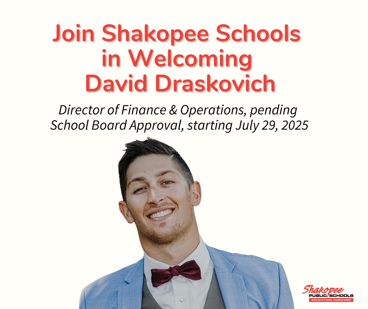 #ShakopeeSchools is pleased to announce the selection of David Draskovich as its new Director of Finance &amp; Operations, pending School Board approval. Draskovich brings a wealth of experience in K-12 #publiceducation to the district.  Read the full release: bit.ly/3ZU5lhd