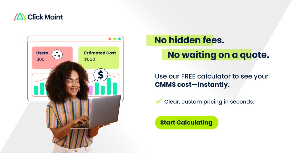 clickmaint's tweet image. Want to know what Click Maint CMMS will cost your team?

Use the Price Calculator to get an instant quote—customized to your needs.
✅ No calls
✅ No forms
✅ No pressure

🧮 Try it here: hubs.ly/Q03tvS750
#CMMS #SaaSPricing #MaintenanceSoftware