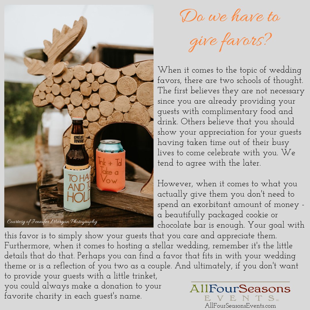 Guests take time out of their lives to celebrate your wedding day - be sure to give them a little token of appreciation.    

#AllFourSeasonsEvents #TuesdaysTip #GettingMarried #RecentlyEngaged2025