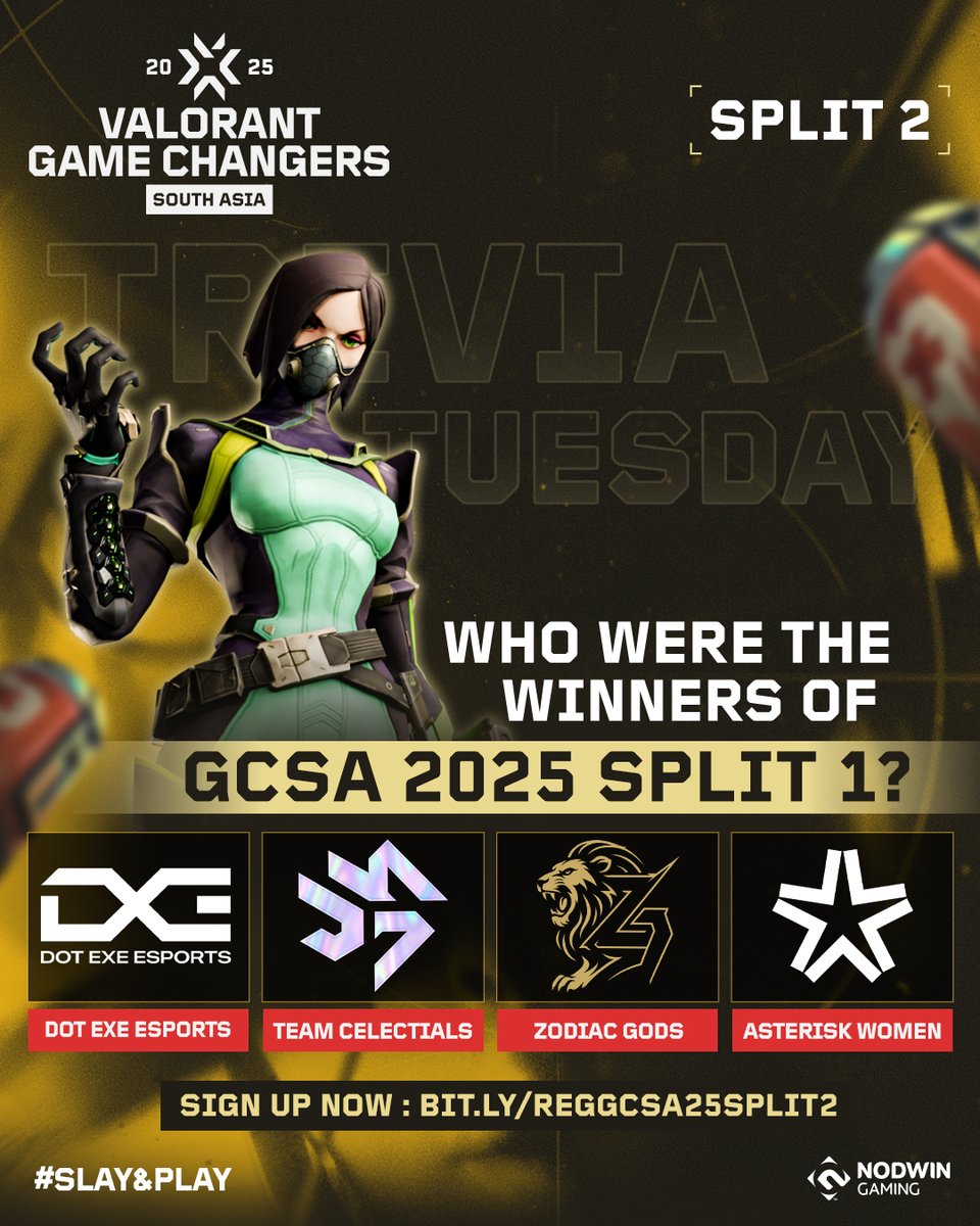 Trivia Tuesday is here! Let’s see your GCSA knowledge!

📝 Register now for Split 2: bit.ly/reggcsa25split2

📺YT | FB - NODWIN Gaming
📺YT - NODWIN Gaming South Asia
📺YT - Valorant Esports South Asia

#GCSA #Slay&amp;Play #VCT #VCTGameChangers #VALORANT #GirlGamer