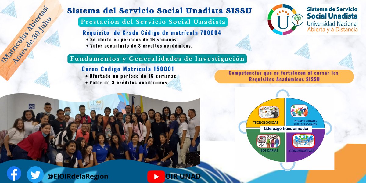 🌅#Julio1_6  Iniciamos el Segundo semestre del año! Comunidad muchos éxitos!!
Unadista el momento de continuar el logros de tus metas, esta muy cerca!  Estas en el tiempo preciso para matricularte, incluyendo:
 ✳️Prestación del Servicio Social Cod. 700004 y  
 ✳️Fundamentos y