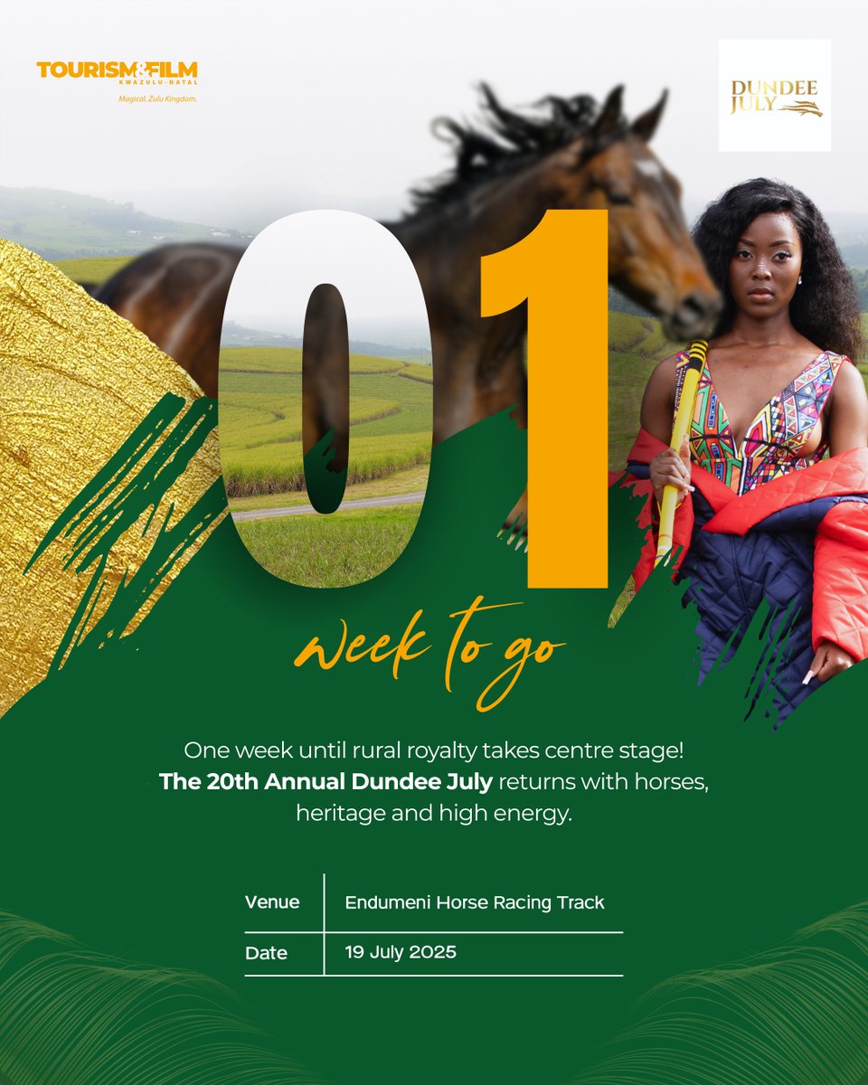 🎠 A countdown like no other begins!
In just one week, Dundee will once again echo with galloping hooves, vibrant beats, and royal energy. The 20th edition of Dundee July is more than a milestone – it’s a movement. Are you ready?

#DundeeJuly25 #VisitKZN
