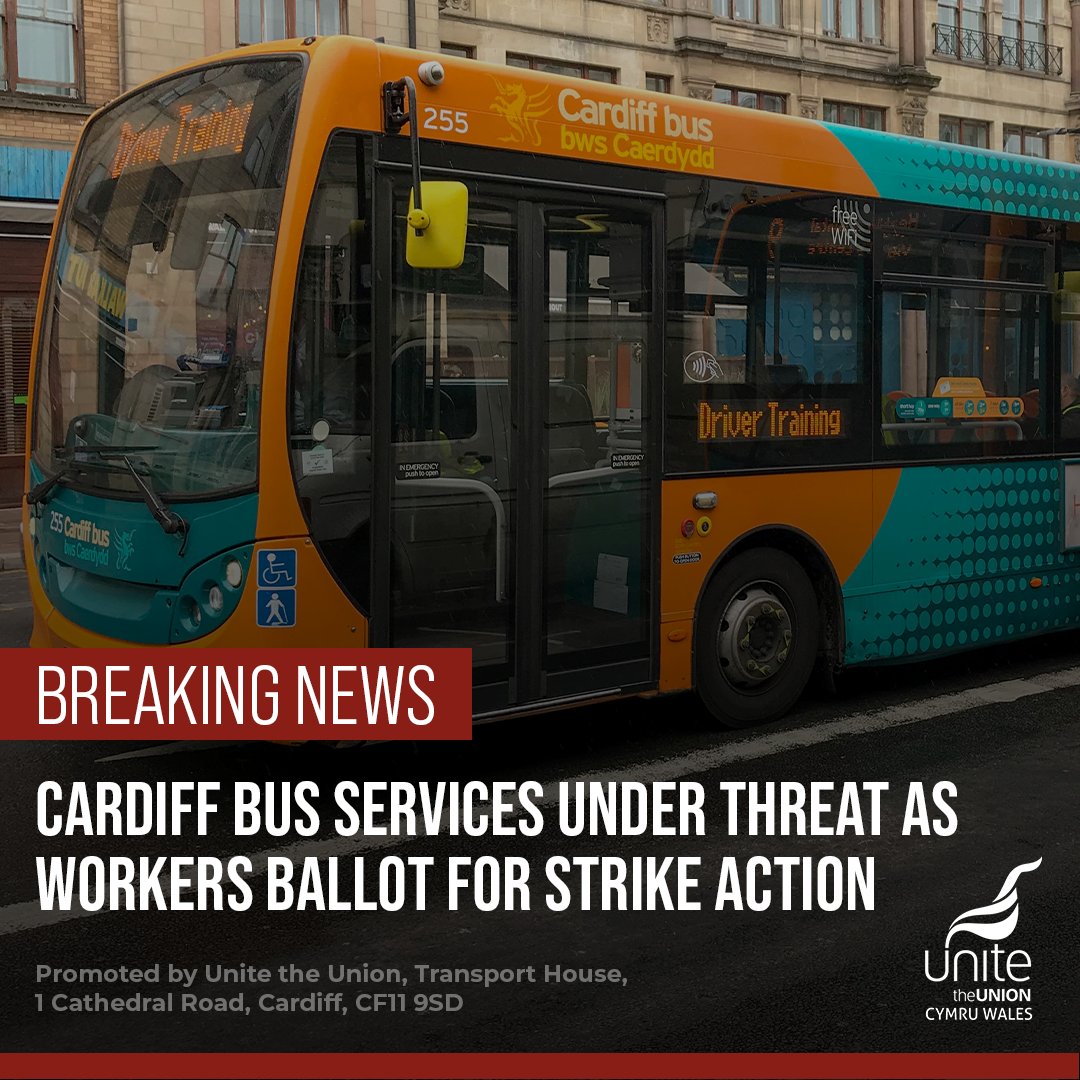 UniteWales (@unitewales) on Twitter photo 🚨 BREAKING NEWS 🚨
Bus services in Cardiff could be severely disrupted this summer, as over 450 Unite members, including drivers, at <a href="/Cardiffbus/">Cardiff Bus</a> are being balloted for strike action in a dispute over pay and conditions.
More here - unitetheunion.org/news-events/ne…
#JobsPayConditions 🚨 BREAKING NEWS 🚨
Bus services in Cardiff could be severely disrupted this summer, as over 450 Unite members, including drivers, at <a href="/Cardiffbus/">Cardiff Bus</a> are being balloted for strike action in a dispute over pay and conditions.
More here - unitetheunion.org/news-events/ne…
#JobsPayConditions