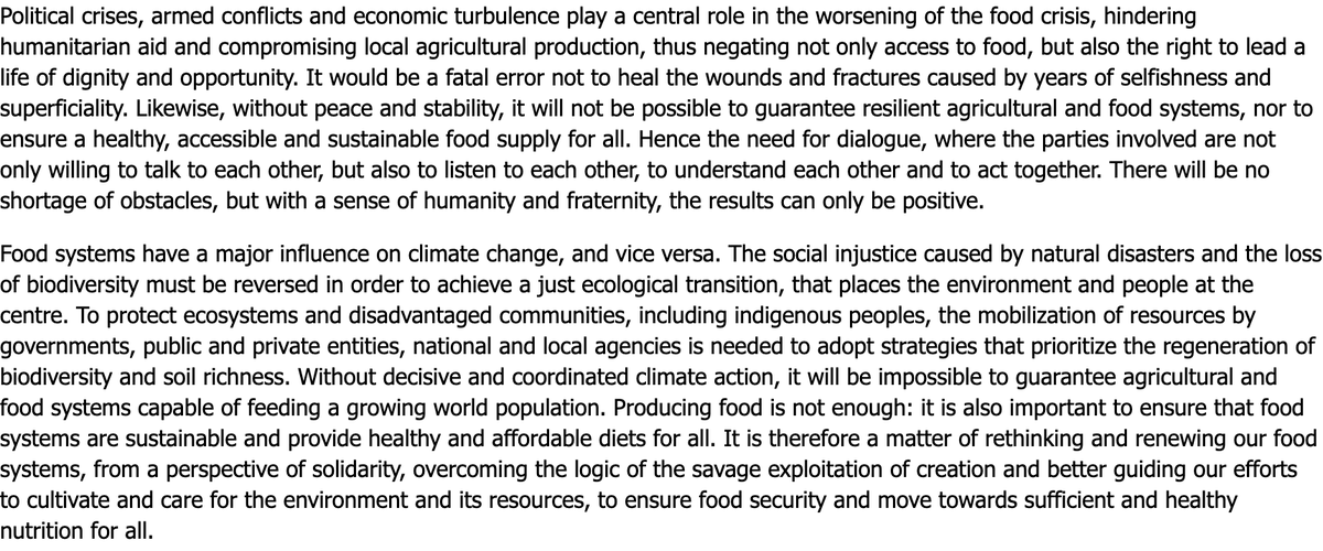 When the Pope goes to FAO and gives a nuanced lecture on the interactions of hunger, conflict, and climate change: