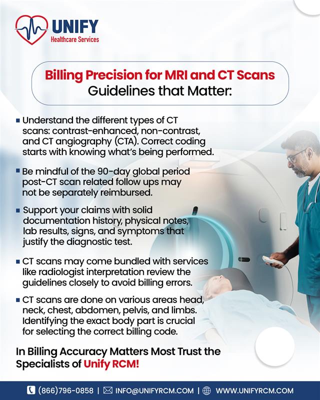 unifyrcm's tweet image. At #UnifyHealthcareServices, we understand that every detail of radiology billing matters. From the type of scan to documentation, coding accuracy is key to timely reimbursements.

#UnifyRCM #HealthcareBilling #CTA #Angiography #RadiologyBilling #MedicalBilling #CTScans