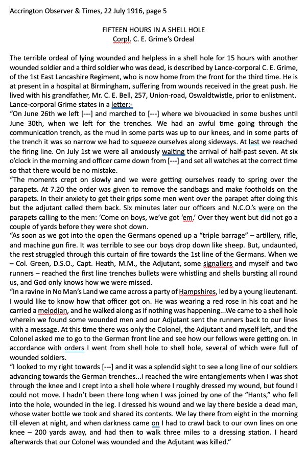 #OTD in 1916, his 24th birthday, Charles Edward Grime, a barber from West End, Oswaldtwistle and a lance corporal with 1/East Lancashire, was wounded at Beaumont Hamel. His account of the fighting appeared in the Accrington Observer and Times three weeks later.