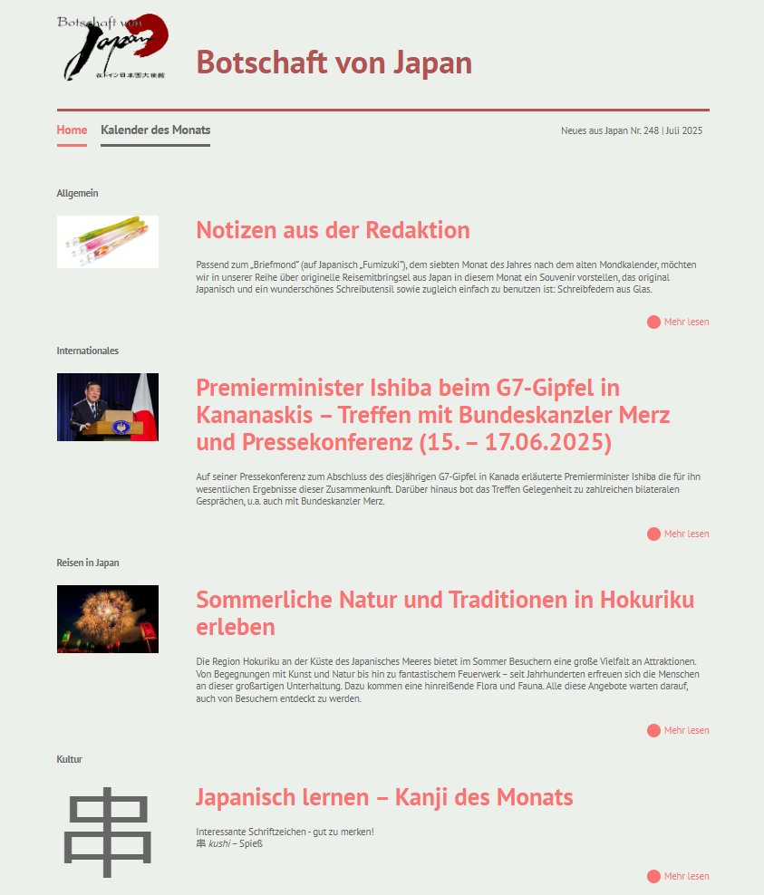 Hier die Themen der aktuellen Juliausgabe unseres Webmagazins #NeuesausJapan: Notizen aus der Redaktion – ausgefallene Souvenirs aus #Japan🇯🇵, PM Ishiba beim #G7-Gipfel in Kanada, Sommer in #Hokuriku sowie das #Kanji des Monats.
➡️de.emb-japan.go.jp/NaJ/NaJ2507/in…