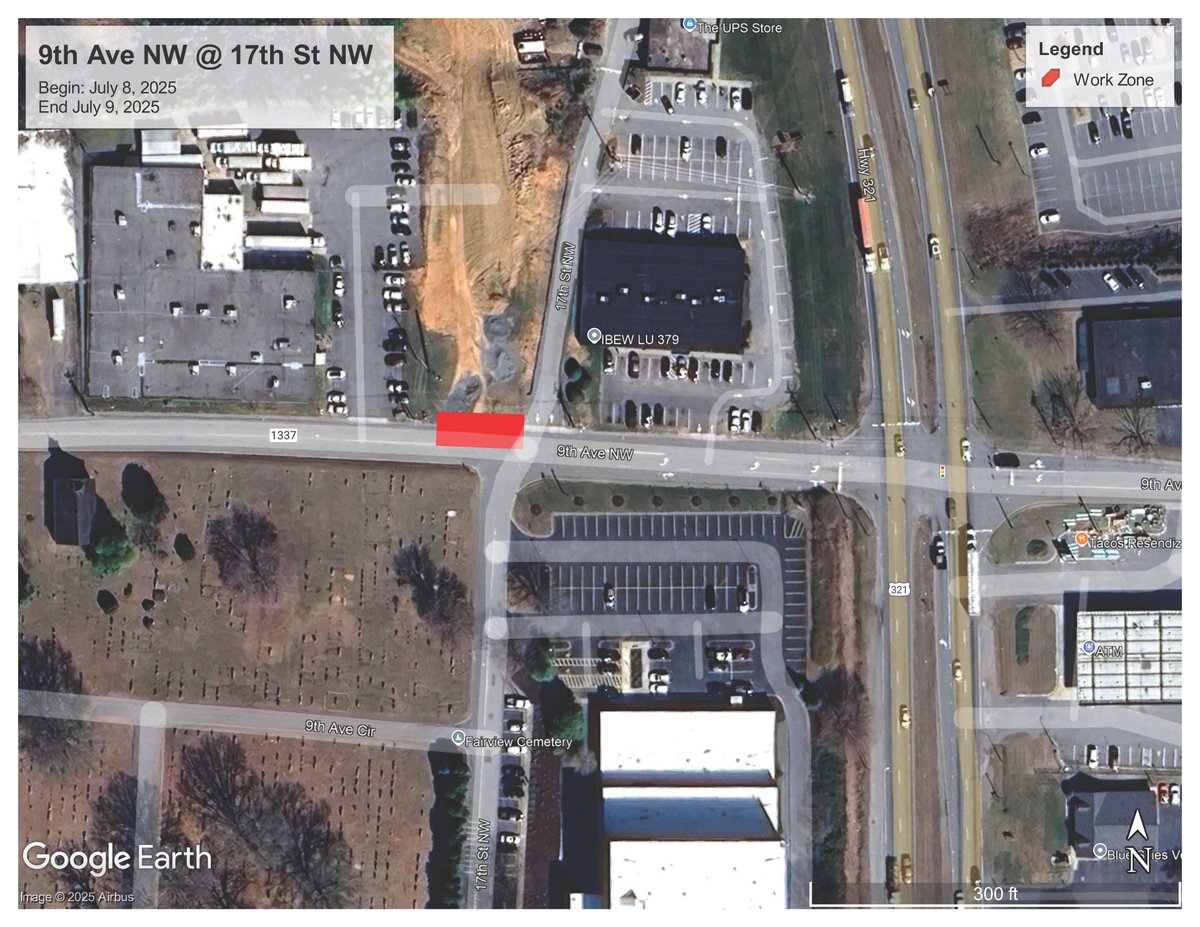 Weather permitting, the westbound lane of 9th Ave NW, at 17th St NW (just above the DMV office), will be closed July 8 and July 9 for storm drain work related to the extension of 17th St NW. hickorync.gov/lane-closure-n…