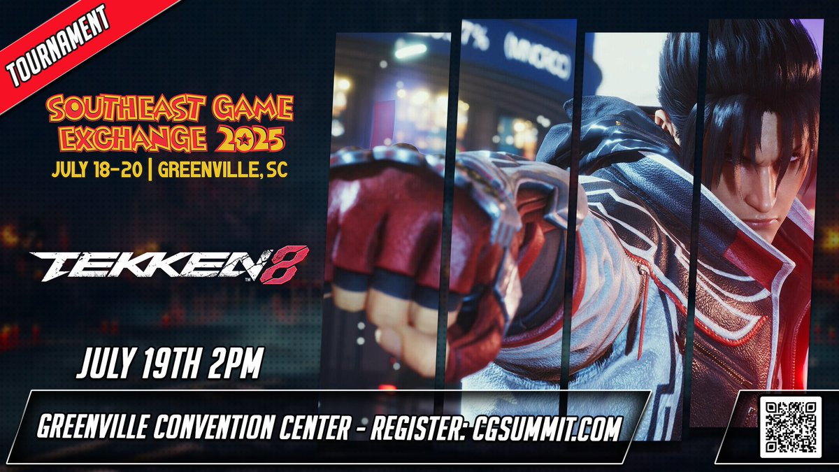 The ultimate <a href="/TEKKEN/">TEKKEN</a> 8 showdown is coming to the Carolinas🥊

Carolina Games Summit will be hosting Tekken 8 at the <a href="/SEGE2025/">Southeast Game Exchange</a> 

📍Greenville Convention Center | July 18-20

🗓️ TOURNAMENT SCHEDULE:
July 19 @ 2PM

Winners take home college scholarships from @BartonEsports ,