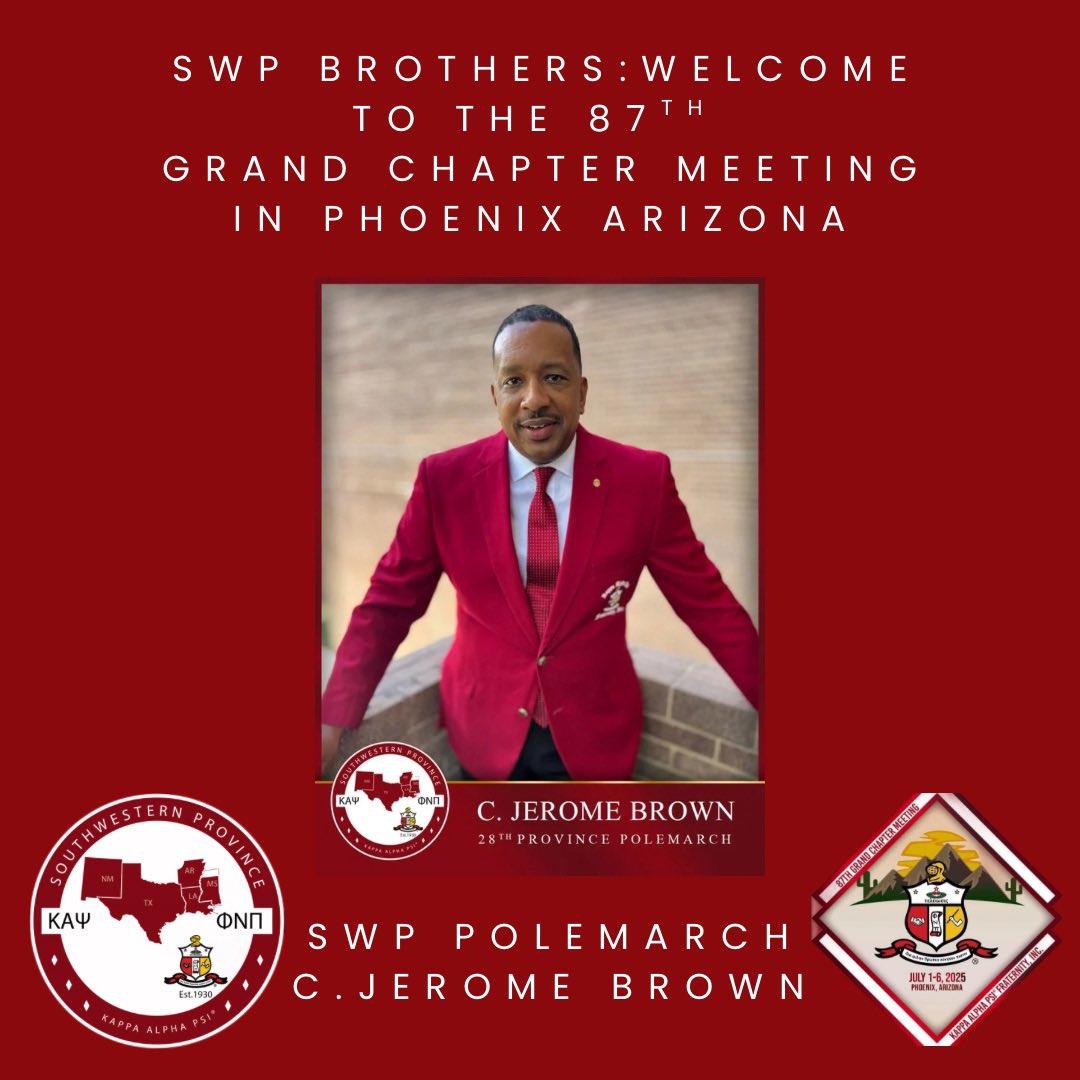 Southwestern Province KAΨ (@swprovince) on Twitter photo The brothers of the Southwestern Province are locked in and ready. As we prepare to kick off the 87th Grand Chapter Meeting, our Southwestern Province Polemarch, C. Jerome Brown, welcomes all SWP delegates and brothers to Phoenix. <a href="/kapsi1911/">Kappa Alpha Psi® Fraternity, Inc.</a> <a href="/cjeromebrown/">Jerome Brown</a> 👌🏾♦️ The brothers of the Southwestern Province are locked in and ready. As we prepare to kick off the 87th Grand Chapter Meeting, our Southwestern Province Polemarch, C. Jerome Brown, welcomes all SWP delegates and brothers to Phoenix. <a href="/kapsi1911/">Kappa Alpha Psi® Fraternity, Inc.</a> <a href="/cjeromebrown/">Jerome Brown</a> 👌🏾♦️