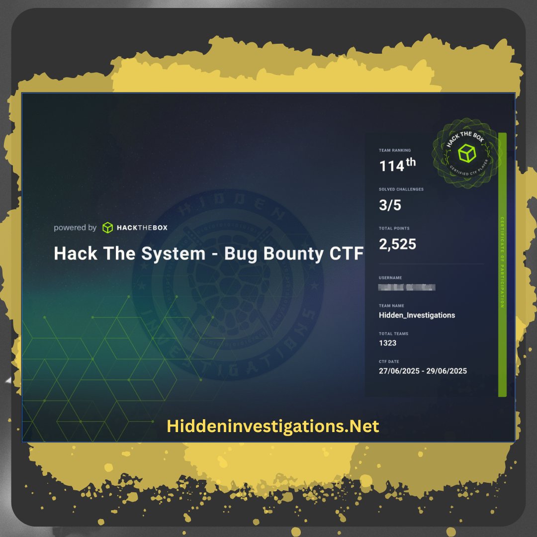 Hidden Investigations (@hisecuritylab) on Twitter photo π₯ Hidden Investigations ranked 114th out of 1,300+ teams in Hack The System β Bug Bounty CTF 2025 by <a href="/hackthebox_eu/">Hack The Box</a>!
Shoutout to <a href="/sakibulalikhan/">Sakibul Ali Khan</a> & <a href="/depro0x/">Depro</a> for the great effort πͺ
#HiddenInvestigations #HTB #CTF #BugBountyCTF2025 #CyberSecurity #InfoSec #RedTeam #CTFbd π₯ Hidden Investigations ranked 114th out of 1,300+ teams in Hack The System β Bug Bounty CTF 2025 by <a href="/hackthebox_eu/">Hack The Box</a>!
Shoutout to <a href="/sakibulalikhan/">Sakibul Ali Khan</a> & <a href="/depro0x/">Depro</a> for the great effort πͺ
#HiddenInvestigations #HTB #CTF #BugBountyCTF2025 #CyberSecurity #InfoSec #RedTeam #CTFbd