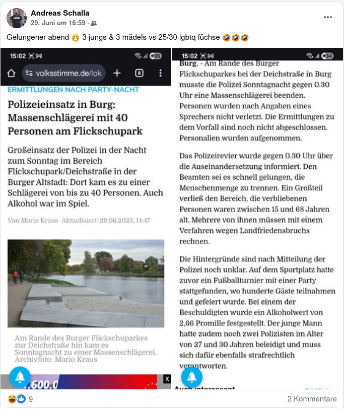 Queerfeindlicher Angriff am Wochenende in #Burg b. #Magdeburg? Während die Polizei von einem "unklaren Hintergrund" der "Massenschlägerei" berichtet¹, brüstet sich ein lokales Mitglied des III. Wegs in sozialen Medien mit der Tat. #rechteGewalt
¹ volksstimme.de/lokal/burg/pol…
