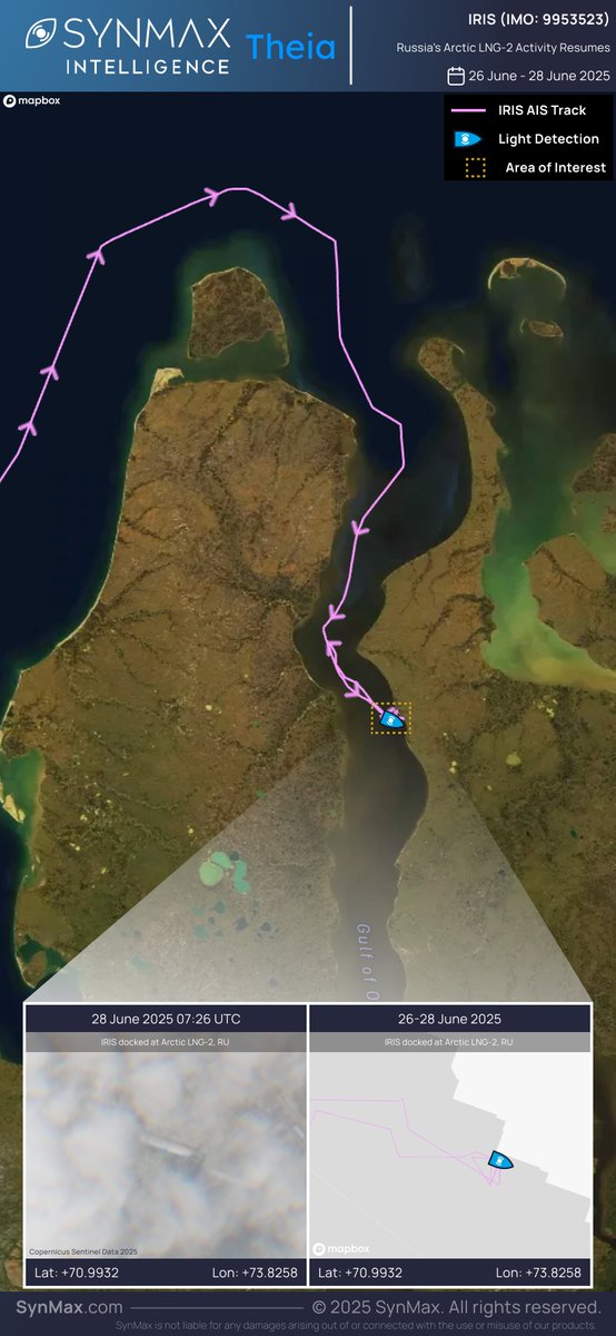 SynMaxInt's tweet image. In a significant first, the IRIS (IMO 9953523), a 293-meter, Russian-flagged LNG tanker built in 2024, has visited Russia's sanctioned Arctic LNG 2 plant. This marks the vessel's maiden call to the facility and likely the terminal's first cargo shipment of 2025.
The vessel's…